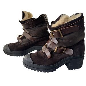 Burberry Women's Brown Shearling-Lined Block Heel Boots Size 38